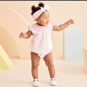 Little me pink smocked embroidered bubble romper 6months